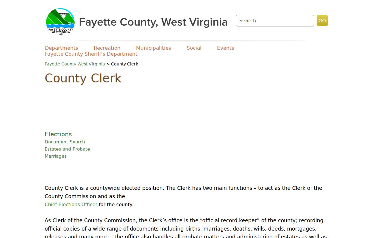 Fayette County Clerk page listing recorded county records separate from court dockets